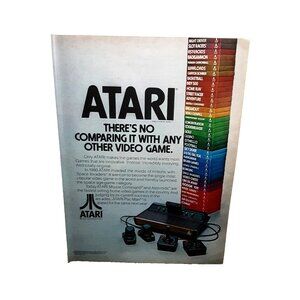 Atari 2600 Console 1981 Vintage Print Ad Joysticks & Game Titles Rainbow Stack